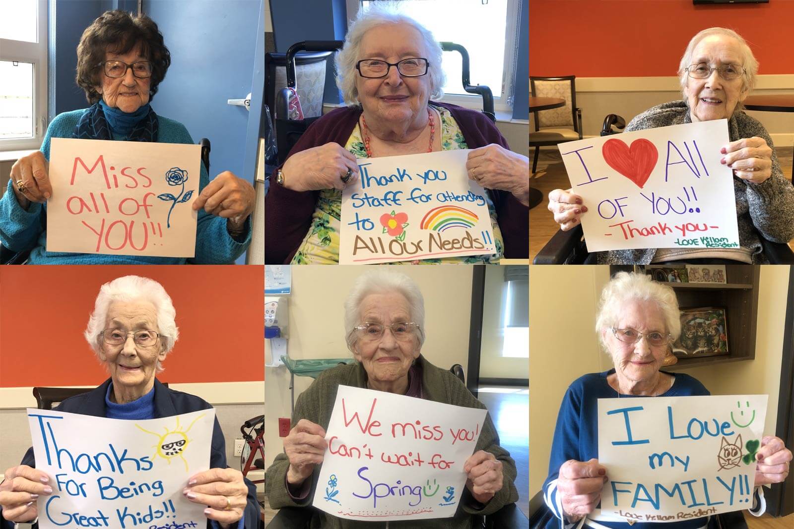 A collage of Killam Health Centre residents holding up signs they made for friends, family, and staff